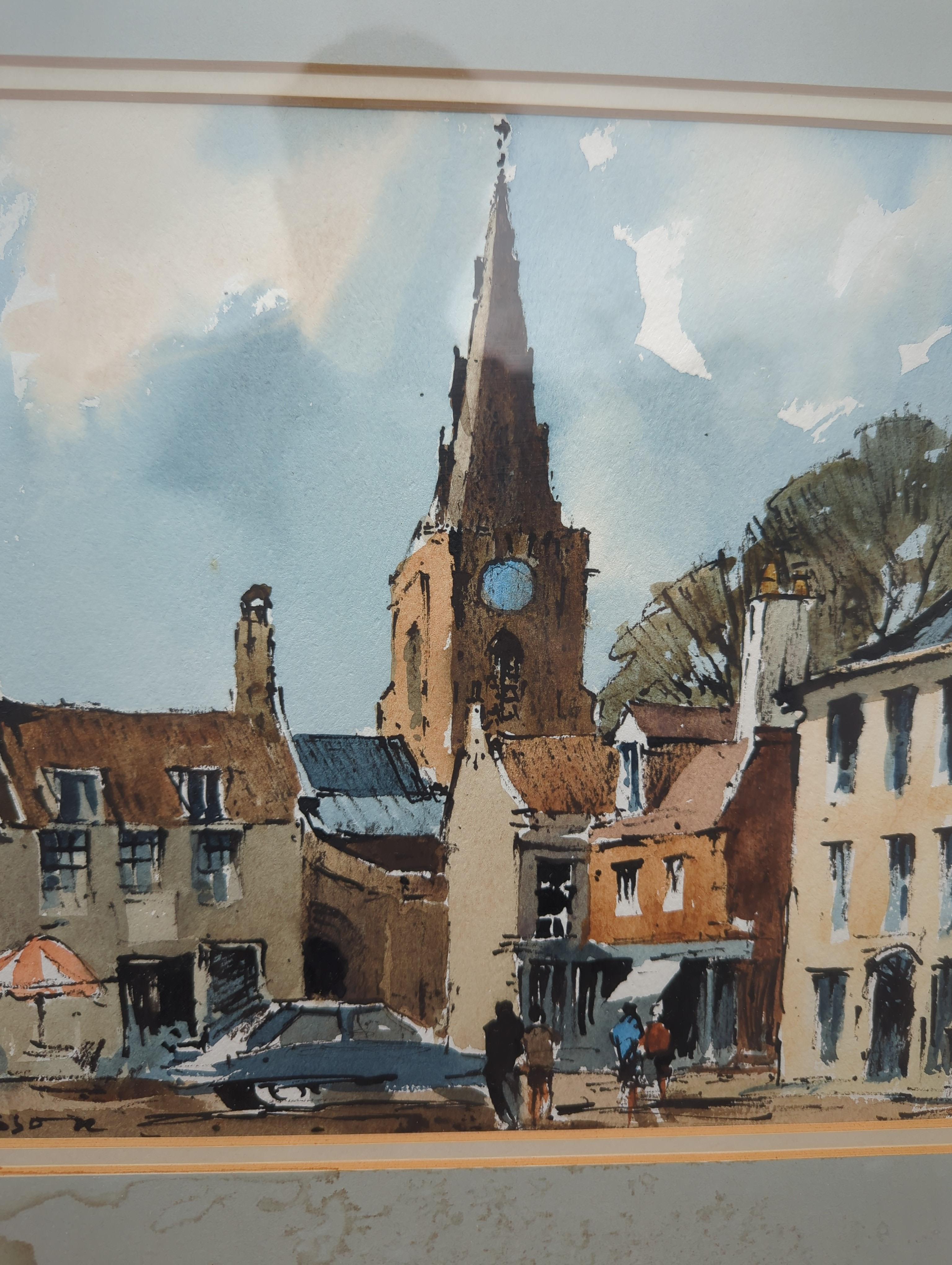 Edward Wesson (1910-1983) watercolour, 'A view of Uppingham, Northamptonshire', signed, various stamps and Gallery Thirty Three label verso, 34 x 24cm